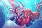  1boy 1girl aerith_gainsborough armor black_gloves black_jacket blood blood_in_water brown_hair bubble carrying death dress elena_ivlyushkina final_fantasy final_fantasy_vii final_fantasy_vii_remake gloves grey_hair jacket jewelry long_hair necklace pink_dress princess_carry red_jacket sephiroth underwater 