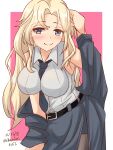  1girl belt blonde_hair blue_eyes blush breasts dated highres hornet_(kancolle) jacket kantai_collection large_breasts leaning_forward long_hair long_skirt necktie sawatani_(chevalier_04056) shirt signature simple_background skirt smile wavy_hair white_shirt 