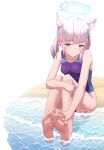  1girl absurdres animal_ears ass bangs bare_shoulders barefoot beach blue_archive blue_eyes breasts cat_ears chan_sang earrings hair_ornament hairclip halo highres jewelry looking_at_viewer ocean shiroko_(blue_archive) shiroko_(swimsuit)_(blue_archive) side_ponytail sitting solo water white_hair 
