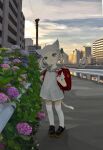  1girl absurdres ahoge animal_ears apartment backpack badge bag bangs black_footwear bow bridge building cat_ears cat_girl cat_tail child city cloud cloudy_sky dress female_child flower frown green_bow green_eyes grey_dress grey_hair hair_bow hair_ornament hairclip highres holding_strap hydrangea leaf looking_at_viewer multicolored_sky name_tag ohgnokuni original outdoors plant power_lines randoseru reflection reflective_water river sailor_collar short_sleeves sky solo standing striped_sleeves sunset tail twintails white_legwear 