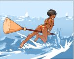  1girl ass bare_arms bare_legs barefoot bikini black_hair boat broom broom_riding commentary dark-skinned_female dark_skin day full_body glasses highres noyemik ocean orange_bikini original outdoors sailboat short_hair solo splashing swimsuit undercut water watercraft 