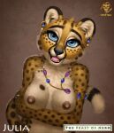  2022 anthro areola arm_under_breasts armlet bead_necklace black_nose blue_eyes breasts character_name cheetah digit_ring ear_piercing english_text fangs felid feline female finger_ring fur hi_res jewelry julia_(vestina) mammal necklace nipples open_mouth open_smile piercing roman signature smile solo spots spotted_body spotted_fur teeth text the_feast_of_nero tongue vestina yellow_body yellow_fur 