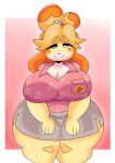  animal_crossing anthro big_breasts blush bottomwear breasts canid canine canis cleavage clothed clothing domestic_dog female hair hi_res huge_breasts huge_hips huge_thighs isabelle_(animal_crossing) lewd_dorky looking_at_viewer mammal nintendo orange_hair shih_tzu shirt skirt smile solo thick_thighs topwear toy_dog video_games wide_hips yellow_body 