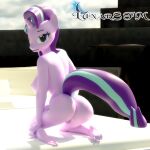  3d_(artwork) anthro anthrofied breasts butt digital_media_(artwork) equid equine female friendship_is_magic genitals horn kneeling looking_at_viewer looking_back looking_back_at_viewer lunarsfm mammal my_little_pony nude pussy solo starlight_glimmer_(mlp) unicorn 