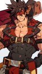  1boy abs arm_belt bara belt biceps brown_hair clenched_hand fingerless_gloves gloves guilty_gear gun headband jacket long_hair looking_at_viewer male_focus manly mature_male muscular muscular_male na_insoo pants pectoral_cleavage pectorals ponytail shirt sleeveless sol_badguy solo spiked_hair thick_arms tight veins veiny_arms weapon weapon_on_back yellow_eyes 