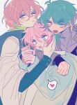  3boys amemura_ramuda arisugawa_dice bangs blue_eyes blue_hair cellphone eyes_visible_through_hair fang fling_posse green_eyes highres holding holding_phone hypnosis_mic i_pinklove_u light_brown_hair looking_at_phone multiple_boys open_mouth phone pink_hair purple_eyes smartphone smile white_background yumeno_gentarou 