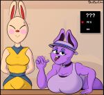  2022 anthro big_breasts breast_rest breasts buckteeth cleavage clothed clothing davidsanchan duo english_text fellatio_gesture female gameplay_mechanics gesture hat headgear headwear lagomorph leaning leaning_forward leporid looking_at_viewer mammal purple_body rabbit rabbit_innkeeper rabbit_shopkeeper suggestive suggestive_gesture teeth text tongue tongue_out undertale undertale_(series) video_games white_body 