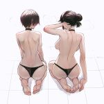  2girls ass backboob barefoot black_choker black_hair black_panties blush breasts choker copyright_request from_behind hair_bun hand_up highres kneeling large_breasts multiple_girls nape panties ratatatat74 short_hair soles sweat toes topless underwear white_background 