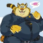 2022 anthro belly benjamin_clawhauser big_belly bottomwear cheetah clothing dessert disney doughnut felid feline food hi_res humanoid_hands lewdookami male mammal overweight overweight_male pants police_badge police_officer police_uniform shirt solo topwear uniform yellow_body zootopia 