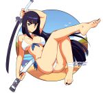  1girl bakuzan barefoot beach bikini black_hair black_nails blue_eyes border bow bow_bikini breasts cameltoe choker day english_commentary fingernails front-tie_bikini front-tie_top full_body furrowed_brow hime_cut holding holding_sword holding_weapon katana kill_la_kill kiryuuin_satsuki large_breasts leg_up long_hair looking_at_viewer nail_polish ocean outside_border paid_reward_available scabbard sheath side-tie_bikini sitting soles solo squeezable_(artist) straight_hair strap_gap string_bikini summer swimsuit sword thick_eyebrows toenail_polish toenails toes underboob very_long_hair weapon white_bikini white_border white_choker 