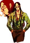  1boy black_hair black_pants chest_tattoo earrings golden_kamuy green_shirt hands_in_pockets highres jewelry long_hair long_sleeves looking_at_viewer male_focus mouth_hold multiple_views oosawa_fusatarou paisley pants pectorals shirt simple_background smoking standing sunglasses suspenders tattoo very_long_hair white_background zazuzamushi 