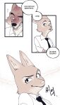  anthro brown_body canid canine canis clothed clothing comic dialogue diane_foxington digital_media_(artwork) dreamworks duo eyebrow_piercing facial_piercing female fox fur gio_el33 hi_res korean_text male mammal mr._wolf_(the_bad_guys) necktie orange_body orange_fur piercing shirt simple_background smile speech_bubble text the_bad_guys topwear translation_check translation_request wolf 