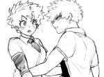  2girls bakugou_katsuki blush boku_no_hero_academia breasts collared_shirt commentary english_commentary freckles genderswap genderswap_(mtf) greyscale highres long_hair looking_at_another looking_at_viewer looking_back midoriya_izuku monochrome multiple_girls necktie open_mouth qhsrp_moy school_uniform shirt short_hair short_sleeves simple_background sketch spiked_hair u.a._school_uniform white_background 