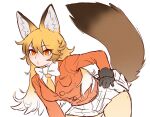  1girl animal_ears blonde_hair bow bowtie breasts extra_ears ezo_red_fox_(kemono_friends) fox_ears fox_tail gloves hand_on_hip highres jacket japari_symbol kemono_friends large_breasts long_hair looking_at_viewer necktie orange_eyes orange_jacket solo tail tateoftot white_background white_bow white_bowtie 