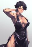  1girl arm_behind_head black_hair breasts cleavage cocktail_dress dark-skinned_female dark_skin dress highres large_breasts mikel_(4hands) muscular muscular_female original short_hair 