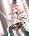  1girl absurdres azur_lane bangs black_skirt blunt_bangs blurry breasts cleavage coat commentary_request depth_of_field epaulettes fur-trimmed_coat fur_trim green_eyes hat highres holding holding_sword holding_weapon long_hair looking_at_viewer military_hat pink_hair pleated_skirt pompeo_magno_(azur_lane) shinka_(user_rcem8835) short_sleeves sidelocks skirt smile solo sword weapon 