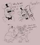  2020 abuse android angry animatronic anthro bottomwear bow_tie brother brother_and_sister cassidy_(fnaf) clothed clothing clown clown_nose crouching dialogue duo elizabeth_afton_(fnaf) english_text female five_nights_at_freddy&#039;s freddy_fazbear&#039;s_pizzeria_simulator frown fully_clothed golden_freddy_(fnaf) hand_on_head hat headgear headwear hitting humanoid machine male mammal open_frown open_mouth pain pigtails robot rollerskates scottgames scrap_baby_(fnaf) sibling sister sketch skirt skkortysoup talking_to_another text top_hat ursid video_games violence white_eyes 