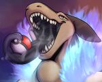  2021 anthro bodily_fluids long_tongue male mouth_shot neck_bulge nintendo object_vore open_mouth pok&eacute;ball pok&eacute;mon pok&eacute;mon_(species) saliva simple_background teeth thedisgustingchicken tongue typhlosion video_games vore 