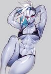  1girl abs absurdres arms_behind_head bikini blue_hair blue_skin colored_skin highres looking_at_viewer multicolored_hair muscular muscular_female nsfwolf original pointy_ears red_eyes scar scar_on_face shaved_ice smile solo swimsuit white_hair white_skin 