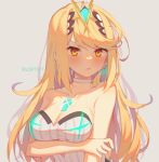  1girl bangs black_legwear blonde_hair breasts chest_jewel cleavage cleavage_cutout clothing_cutout headpiece large_breasts long_hair mythra_(radiant_beach)_(xenoblade) mythra_(xenoblade) ribbed_swimsuit solo strapless strapless_swimsuit striped striped_swimsuit swept_bangs swimsuit tiara tsundere vertical-striped_swimsuit vertical_stripes very_long_hair white_swimsuit wusagi2 xenoblade_chronicles_(series) xenoblade_chronicles_2 yellow_eyes 