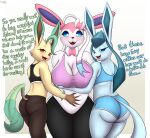  absurd_res an-tonio anthro big_breasts breasts butt cleavage clothed clothing eeveelution english_text female glaceon group hi_res huge_breasts leafeon looking_at_viewer looking_back looking_back_at_viewer nintendo nude pok&eacute;mon pok&eacute;mon_(species) sylveon text trio video_games 