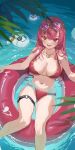  1girl absurdres afloat bikini breasts cleavage eyewear_on_head heterochromia highres hololive houshou_marine innertube jewelry large_breasts long_hair necklace official_alternate_costume open_mouth partially_submerged red_bikini red_eyes red_hair ruiuncle solo swimsuit thigh_strap virtual_youtuber water wet yellow_eyes 