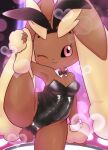  anthro bare_shoulders breasts cleavage clothed clothing female kajiura leotard looking_at_viewer lopunny nintendo on_one_leg one_eye_closed playboy_bunny pok&eacute;mon pok&eacute;mon_(species) raised_leg smile solo standing thick_thighs video_games wink 