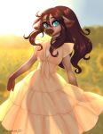  absurd_res anthro blue_eyes bovid bovine brown_hair clothing dress european_mythology flower girly greek_mythology hair hi_res humanoid long_hair male mammal minotaur mythology nikol_(corruption_of_champions_2) plant solo sundress sunflower tail_tuft tuft winemomicorn 