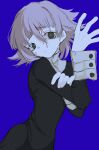  1other :o absurdres androgynous bangs black_dress blood blood_on_face blue_background brown_eyes cowboy_shot crona_(soul_eater) cuff_links dress hair_between_eyes hand_up highres long_sleeves looking_at_viewer purple_hair short_hair simple_background solo soul_eater z_p4e 