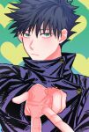  1boy bangs black_hair black_jacket blush buttons closed_mouth commentary_request fushiguro_megumi fushirun_rung green_eyes hair_between_eyes hand_up heart heart_background high_collar highres jacket jujutsu_kaisen korean_commentary long_sleeves looking_at_viewer male_focus school_uniform short_hair solo spiked_hair v 