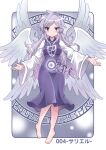  1girl ahoge angel_wings barefoot breasts colonel_aki commentary_request dress full_body grey_hair long_hair long_sleeves looking_at_viewer medium_breasts multiple_wings outstretched_arms purple_dress red_eyes sariel_(touhou) solo spread_arms touhou touhou_(pc-98) translation_request wide_sleeves wings 