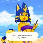  5_fingers animal_crossing ankha_(animal_crossing) anthro avian beach bikini bird blue_eyes blue_hair breasts claws clothed clothing detailed_background digital_media_(artwork) domestic_cat egyptian english_text eyelashes eyeliner felid feline felis female fingers flock flock_of_birds fur hair hi_res holding_object lips looking_at_viewer mahmapuu makeup mammal multi_nipple nintendo nipples outside sand seaside sky solo swimwear text thick_lips topwear video_games water watermark yellow_body 