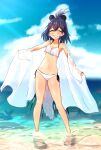 1girl akaisuto alternate_costume bare_arms bare_legs bare_shoulders barefoot beach bikini black_hair blush commentary_request crested_porcupine_(kemono_friends) extra_ears grey_hair highres kemono_friends looking_at_viewer midriff multicolored_hair navel ocean one_eye_closed porcupine_ears sand shawl short_hair smile solo swimsuit tail white_bikini white_hair white_shawl 
