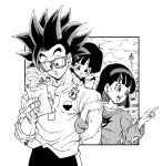  1boy 2girls :d black_hair blush_stickers child dragon_ball dragon_ball_super dragon_ball_super_super_hero family father_and_daughter female_child fenyon glasses greyscale highres holding holding_paper husband_and_wife locked_arms monochrome mother_and_daughter multiple_girls open_mouth pan_(dragon_ball) paper pointing shirt smile son_gohan spiked_hair videl 