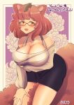  1girl absurdres animal_ears black_skirt blush breasts brown_hair cleavage commission commissioner_upload flower glasses gyoubu_danuki_(monster_girl_encyclopedia) highres huyumi77 large_breasts leaf leaf_on_head looking_at_viewer monster_girl_encyclopedia non-web_source open_mouth orange_eyes pencil_skirt raccoon_ears raccoon_tail skeb_commission skirt smile solo tail 