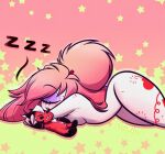  1_eye breasts cherri_bomb_(hazbin_hotel) cyclops cycoriot demon detailed_background eyes_closed fangs female hair hazbin_hotel humanoid nude open_mouth pink_hair plushie sleeping solo tattoo teeth thick_thighs white_body wide_hips 