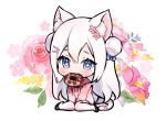  +_+ 1girl animal_ear_fluff animal_ears bangs black_footwear blue_bow blue_eyes blush bow cat_ears cat_girl cat_tail chibi double_bun doughnut drawstring floral_background flower food food_in_mouth full_body hair_between_eyes hair_bow hair_bun hair_flower hair_ornament hairclip hood hood_down hoodie long_hair long_sleeves looking_at_viewer nami_(nyaa) original pink_flower pink_hoodie puffy_long_sleeves puffy_sleeves shoes short_eyebrows sitting solo tail thick_eyebrows thighhighs very_long_hair wariza white_background white_hair white_legwear 