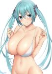  1girl alternate_breast_size aqua_eyes aqua_hair aqua_nails bikini bikini_bottom_only breasts hatsune_miku highres huge_breasts kokonoe_misui long_hair looking_at_viewer nail navel plump simple_background smile solo swimsuit twintails vocaloid white_bikini 