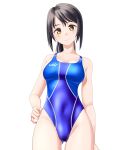  1girl ass_visible_through_thighs black_hair blue_swimsuit brown_eyes clothes_writing commentary_request competition_swimsuit cowboy_shot groin hand_on_hip highres long_hair low_ponytail multicolored_clothes multicolored_swimsuit one-piece_swimsuit original simple_background smile solo standing swimsuit takafumi two-tone_swimsuit white_background 