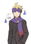  1boy alternate_costume bangs blonde_hair brown_jacket buttons closed_mouth commentary_request dated headband highres jacket looking_to_the_side male_focus morty_(pokemon) notice_lines one-hour_drawing_challenge open_clothes open_jacket pokemon pokemon_(game) pokemon_hgss purple_eyes purple_headband purple_scarf scarf short_hair signature simple_background smile solo tamura_(kouititamura) upper_body white_background 