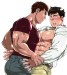  2boys abs bara belt biceps black_hair blush brown_hair chabashira_tatsukichi collared_shirt couple denim holding_hands jeans jewelry large_pectorals leather_belt looking_at_another male_focus manly mature_male multiple_boys muscular muscular_male nipples open_clothes open_mouth open_shirt original pants pectorals ring shirt simple_background smile spiked_hair sweat sweatdrop t-shirt tan teeth thick_arms thick_eyebrows tight tongue white_background yaoi 