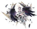  1girl azur_lane black_feathers black_gloves black_wings breasts breasts_apart dress feathered_wings feathers fingerless_gloves full_body gloves grey_hair hair_ornament halo highres holding holding_sword holding_weapon joffre_(azur_lane) long_hair long_sleeves medium_breasts official_art puffy_sleeves red_eyes rigging rudder_footwear solo suisai sword thighhighs transparent_background twintails weapon white_dress white_legwear wide_sleeves wings 