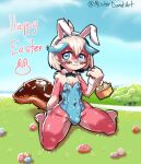  anthro basket bulge bunny_costume canid canine canis clothed clothing container costume crossdressing dessert detailed_background domestic_dog donut_(misterdonut) doughnut easter easter_basket easter_egg egg english_text food food_creature fur holidays male mammal misterdonut pink_body pink_fur solo sprinkles text 