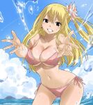  1girl beach bikini blonde_hair blush breasts brown_eyes cleavage fairy_tail gaston18 hair_ornament highres jewelry large_breasts long_hair lucy_heartfilia navel non-web_source open_mouth swimsuit water wet 