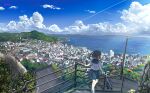  1girl absurdres bag banishment black_hair black_sailor_collar black_skirt blue_sky cloud contrail highres mountainous_horizon ocean official_art original plant pleated_skirt sailor_collar scenery school_bag school_uniform short_hair short_sleeves skirt sky stairs summer town 