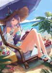  1girl absurdres animal_ears anklet ass bangs bare_shoulders beach bikini blue_nails blue_sky carrot cloud cooler crab cup drinking_glass food fork frills fruit gold_ship_(umamusume) hat highres horse_ears horse_girl jacket jewelry long_hair looking_at_viewer mejiro_mcqueen_(umamusume) mia_(39565899) ocean off_shoulder outdoors purple_bikini purple_nails sandals see-through sitting sky solo swimsuit umamusume 