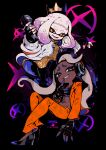  2girls crown dark-skinned_female dark_skin fingerless_gloves gloves headphones high_heels highres jacket keijou_(cave) marina_(splatoon) microphone mole mole_under_mouth multiple_girls open_clothes orange_suit pearl_(splatoon) smile splatoon_(series) splatoon_3 symbol-shaped_pupils tentacle_hair white_jacket 