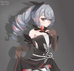  1girl 2020 artist_name bangs bare_shoulders black_dress black_gloves bronya_zaychik bronya_zaychik_(black_nucleus) brown_background closed_mouth dress drill_hair elbow_gloves gloves grey_eyes grey_hair highres honkai_(series) honkai_impact_3rd long_hair looking_at_viewer quintincy simple_background sleeveless sleeveless_dress solo 