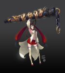  1girl arm_up armpits bare_shoulders black_background brown_legwear chain closed_mouth cloud_print dragon dragon_print eastern_dragon gem gradient gradient_background holding holding_staff holding_weapon huge_weapon kysso long_hair magatama navel orange_eyes original red_footwear red_gemstone red_ribbon red_skirt ribbon shiny shiny_hair shiny_skin signature skirt solo staff thighhighs twintails weapon 