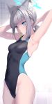  1girl animal_ear_fluff animal_ears armpits arms_behind_head arms_up bare_arms blue_archive blue_eyes breasts competition_swimsuit cowboy_shot cross_hair_ornament fukai_ryosuke grey_hair hair_ornament hair_tie_in_mouth halo highleg highleg_swimsuit highres mismatched_pupils mouth_hold one-piece_swimsuit revision shiroko_(blue_archive) shiroko_(swimsuit)_(blue_archive) sidelocks small_breasts solo swimsuit two-tone_swimsuit tying_hair wet white_background 